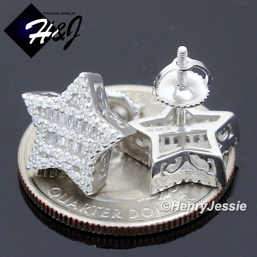 MEN SOLID 925 STERLING SILVER ICY BLING BAGUETTE CZ 3D STAR STUD EARRING*E226