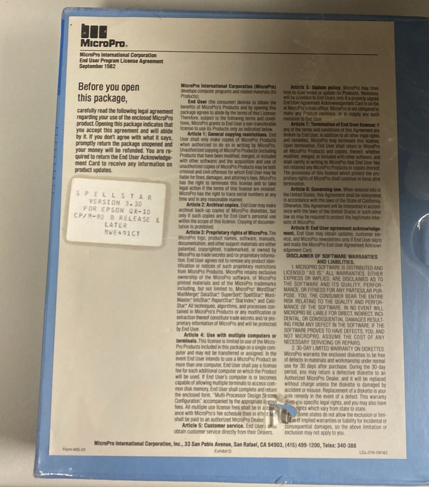 Epson QX-10 Version 3.30 Spellstar Software Micropro Vintage In Package