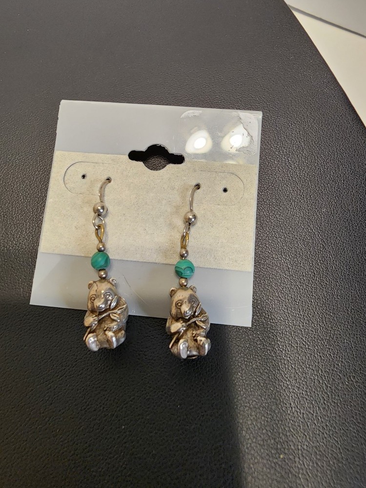 Vintage Sterling Silver Malachite Panda Bear Earrings