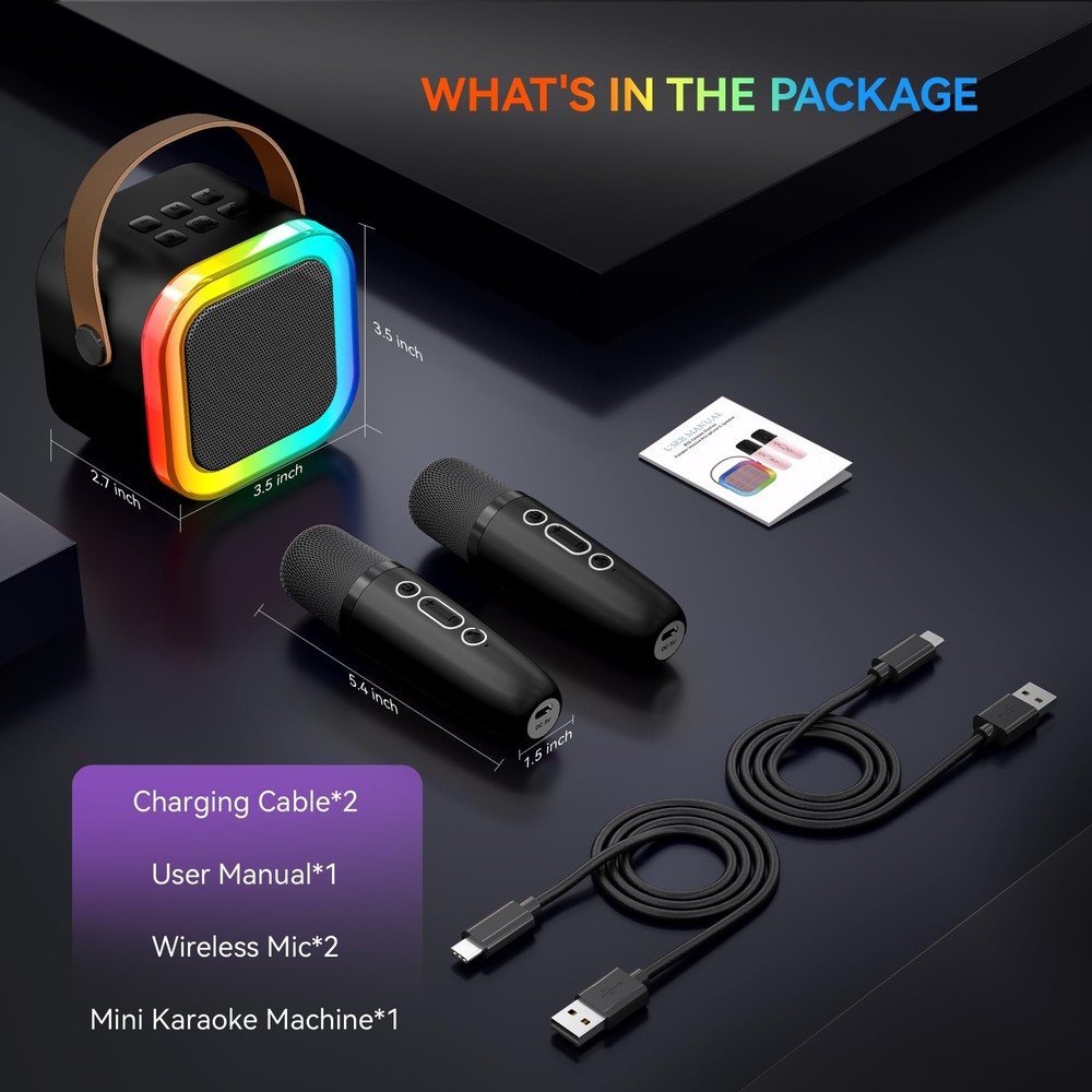 Portable Karaoke Machine with Bluetooth Dual Wireless Mics and Lighting Effects