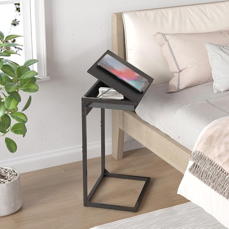 C Shaped Side Table Set W/ Charging Station Adjustable Flip Top Small Spaces New