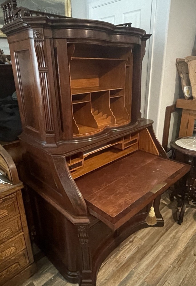 FLAME MAHOGANY DROP FRONT MECHANICAL DESK, ATTR. HERTER