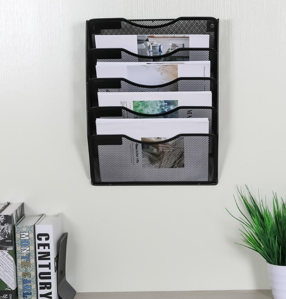 5-Tier Metal Wall File Organizer with Label Slots for Efficient Document Storage
