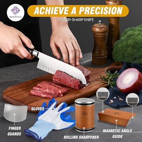 Multi-Angle Knife Sharpener Kit - Diamond & Ceramic Discs, Finger Guard, Gloves,