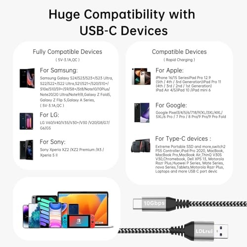 USB-C Cable0Gbps Data Transfer, Braided 10FT 1 Black-and-White(Braided Nylon)