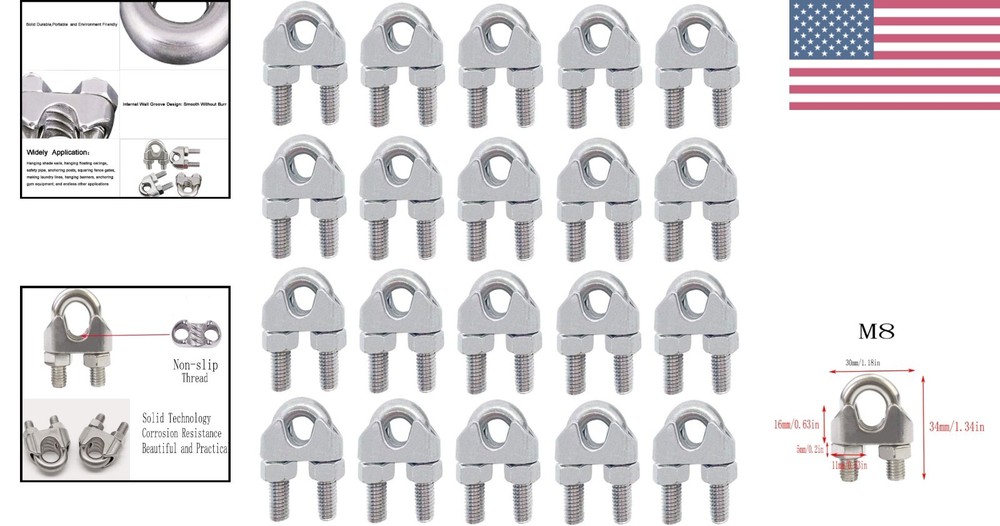 Versatile 304 Stainless Steel Wire Rope Clips - 20Pack for Secure Rigging
