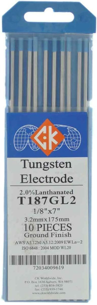 T187GL2 2% Lanthanated Tungsten Electrode 1/8" X 7", 10 Pack