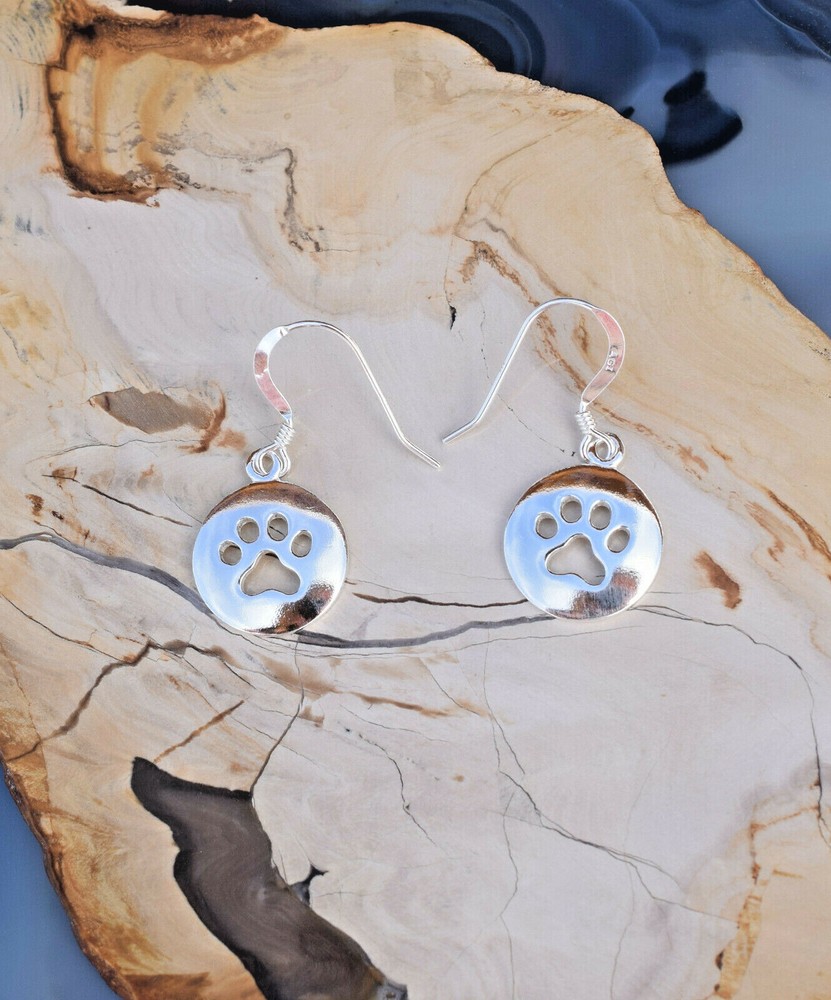 Solid 925 Sterling Silver Cut Out Dog Paw Earrings