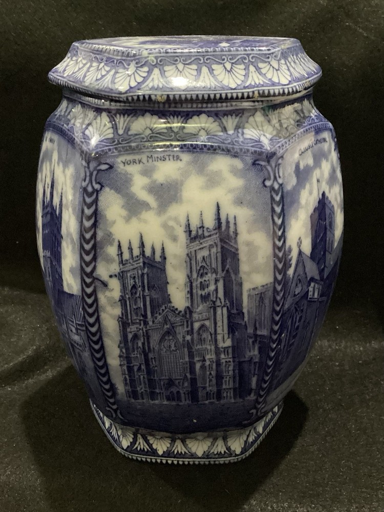 Rington's Maling Ware Tea Caddy England - Cathedrals 1929 Blue Transfer Ware @FS