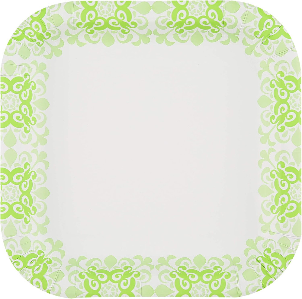 Glad Square Disposable Paper Plates, Green Victorian Pattern - Strong, Sturdy, S