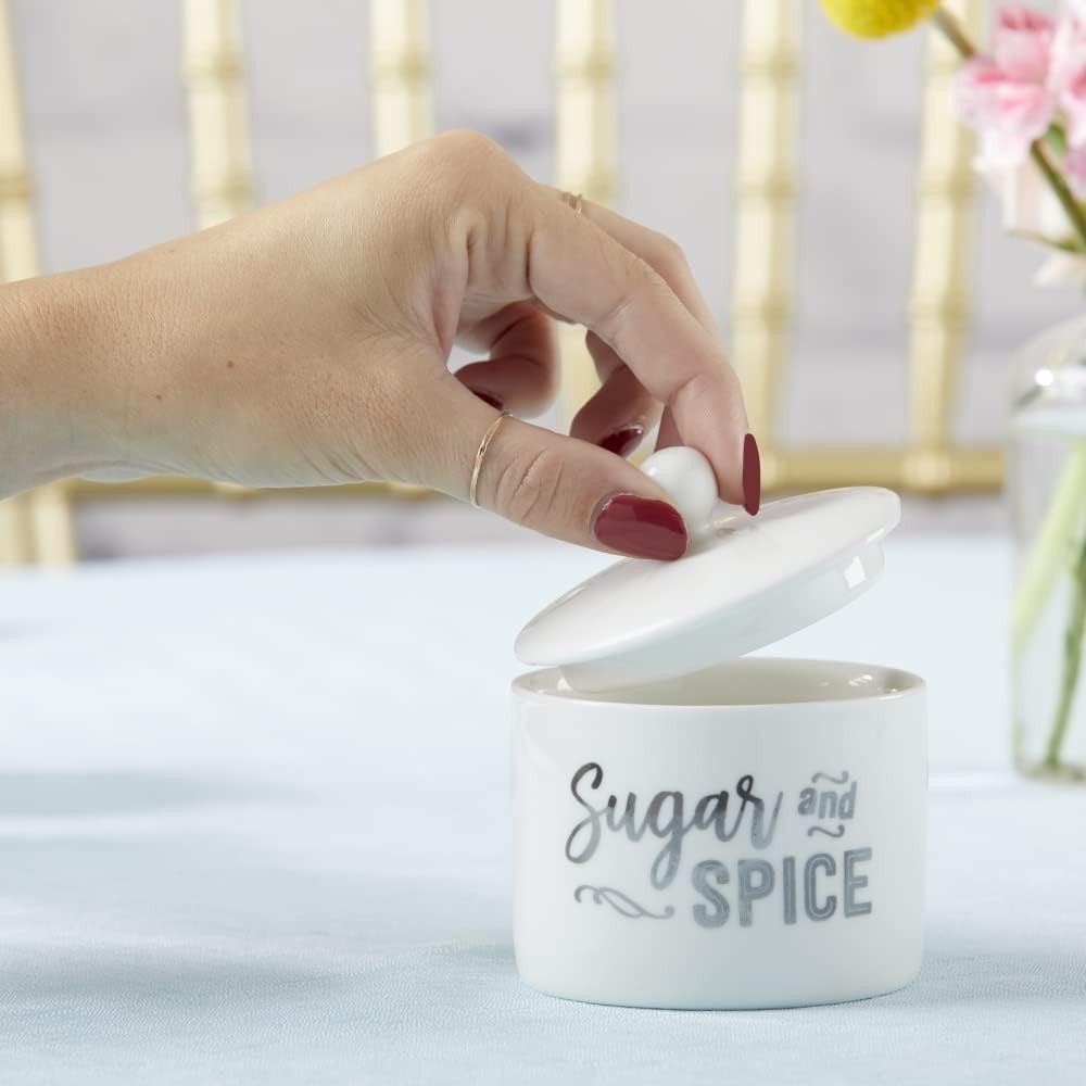 Ceramic Sugar Container/Bowl, Spice and Everything Nice, White with Silver Fo...