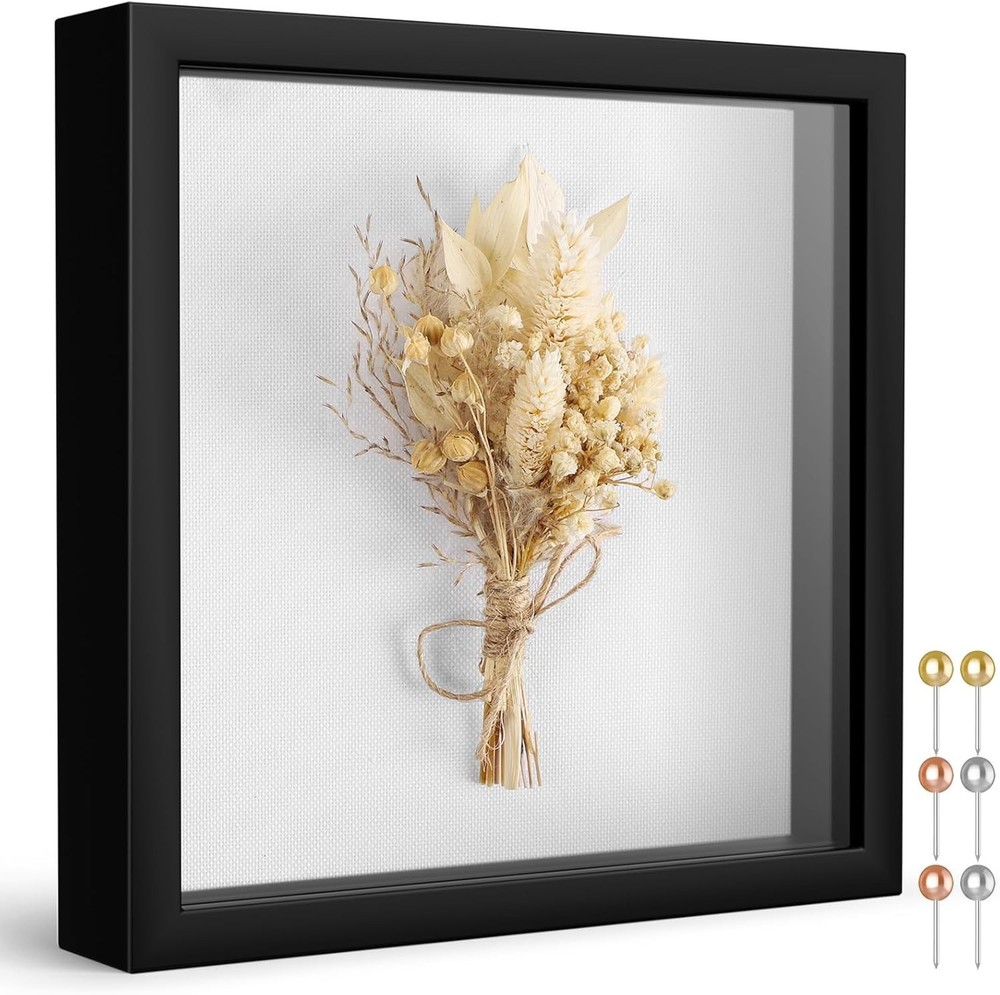 8x8 Shadow Box Frame with Soft Linen Back - Push Pins Included, Memory Box Di...
