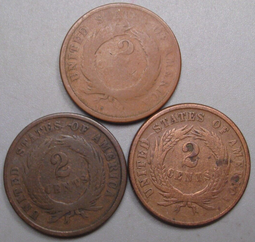3 US 2¢ Two Cent Piece 1864, 1865, 1867