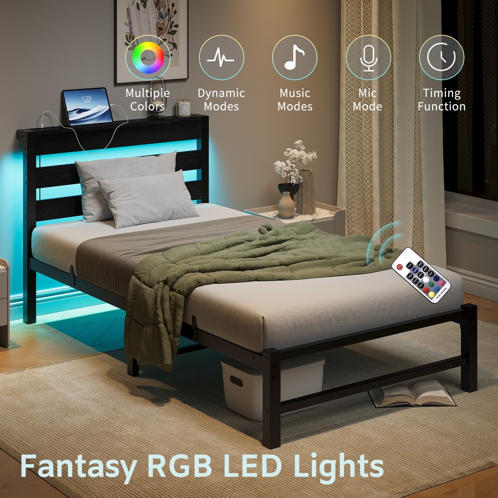 Twin Size Bed Frame Heavy Duty Platform Bed Frame with Headboard, USB Charging S
