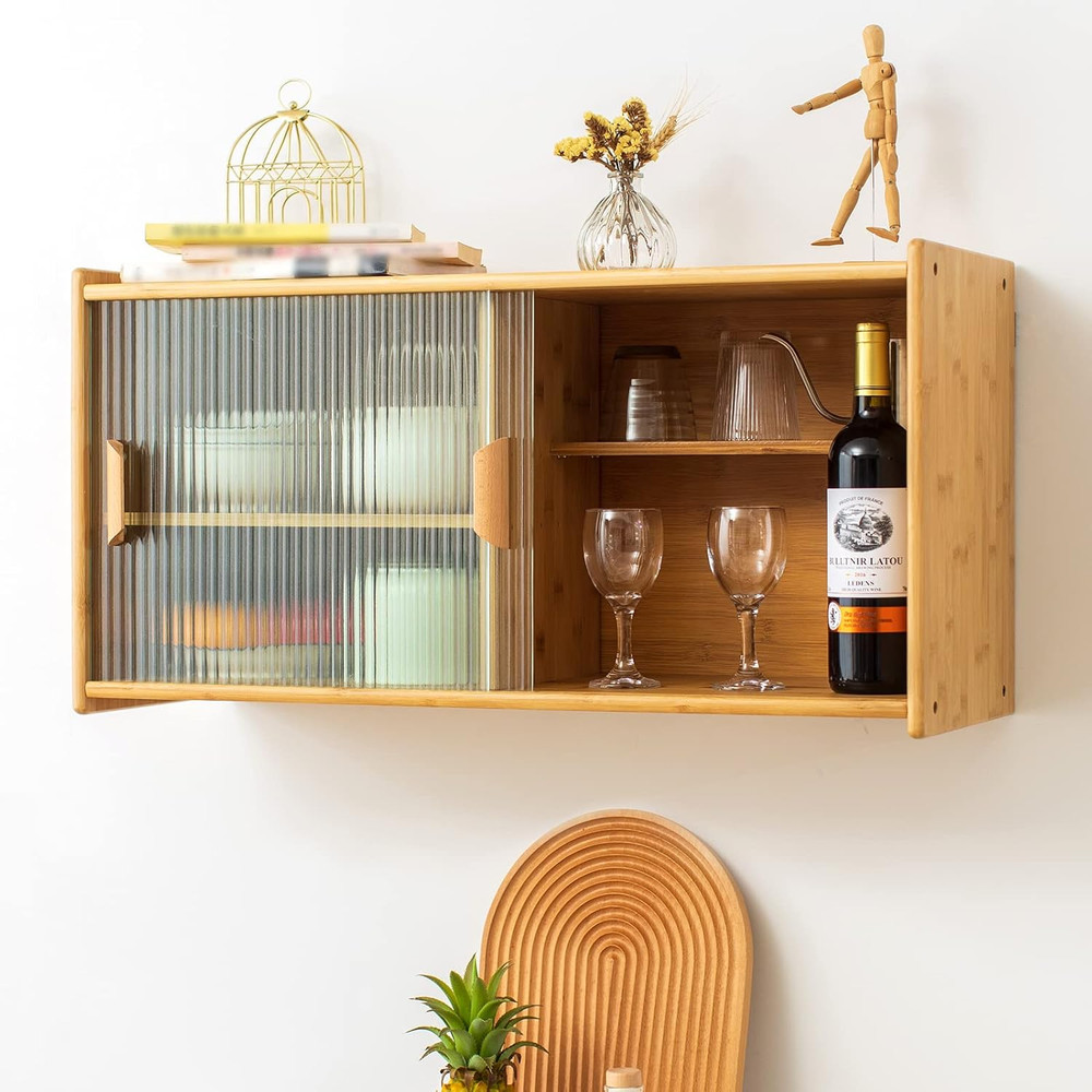 Bamboo Wall-Mounted Kitchen Pantry Cabinet with 2 Doors for Storage