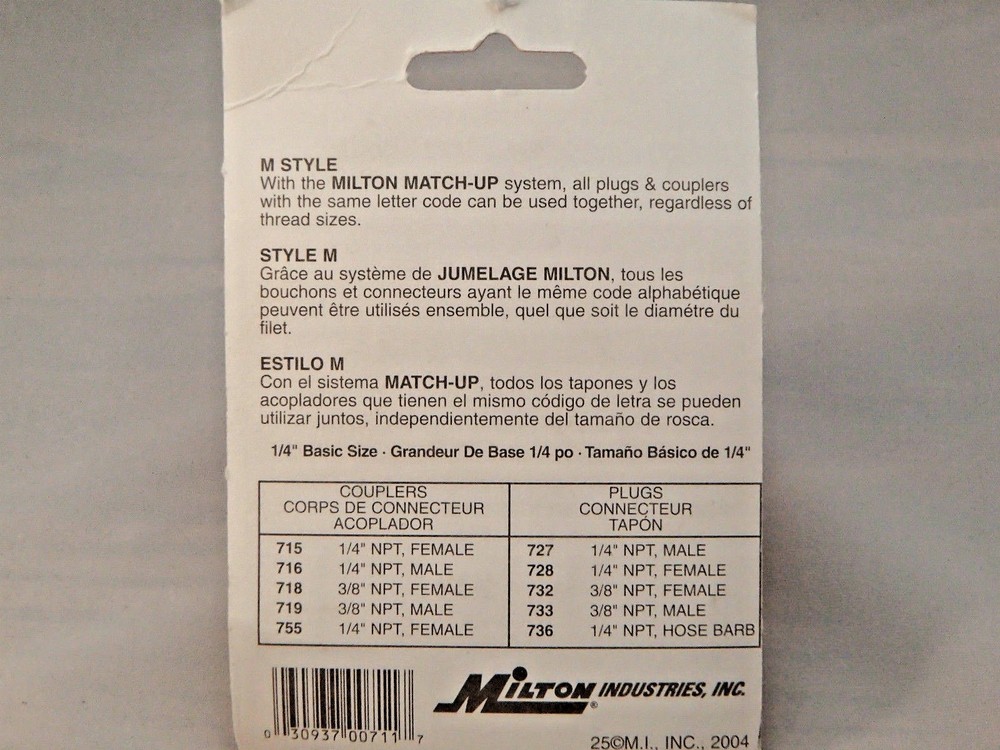 S711 MILTON M-STYLE 1/4” NPT COMBINATION COUPLER/PLUG & COUPLER KITS