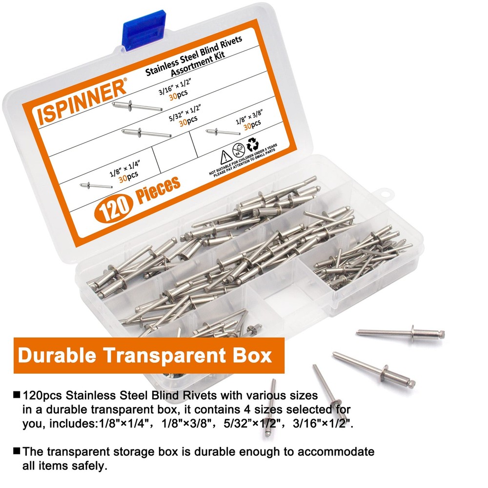 ISPINNER 120pcs 304 Stainless Steel Blind Rivets, Pop Rivets Assortment Kit