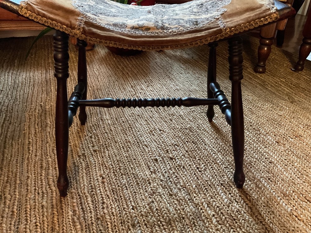 Antique Victorian Solid Wood Bench Stool with Spindle Center Support & Tapestry
