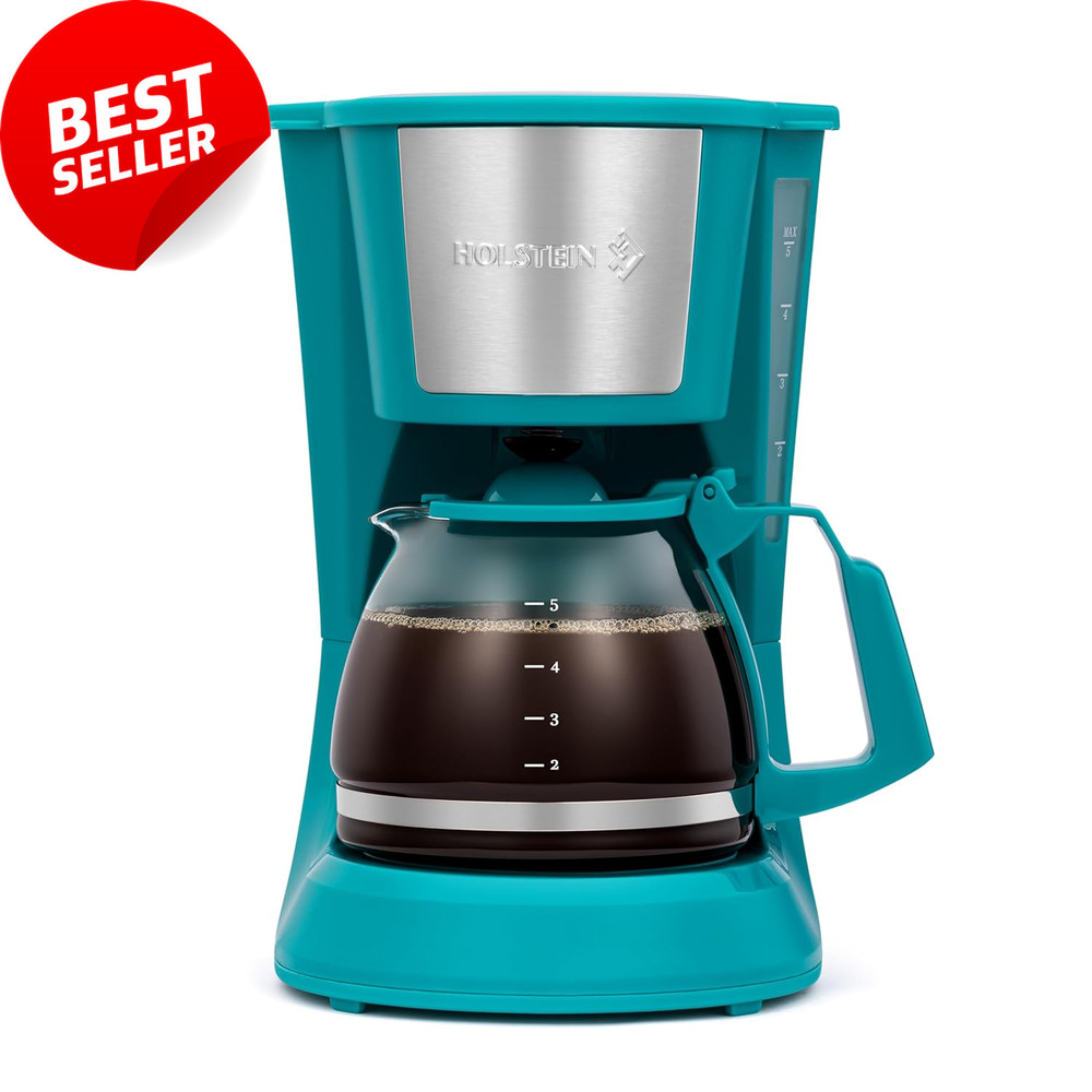 5-Cup Drip Coffee Maker, Auto Pause, Reusable Filter, Glass Carafe, Teal