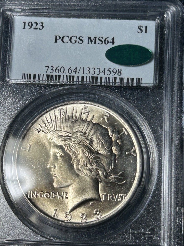 1923 $1 Peace Silver Dollar PCGS MS 64 CAC Older Solid Blue Label