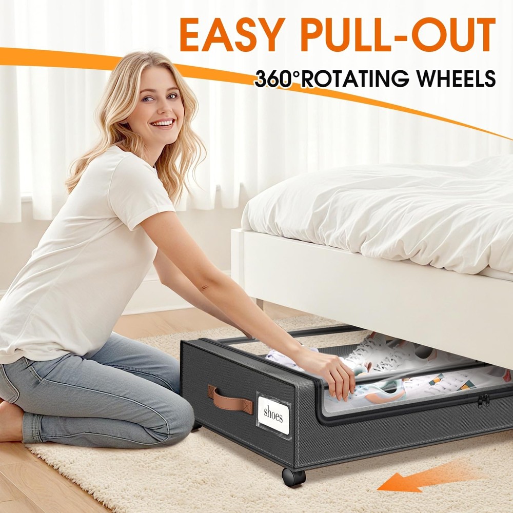 Under Bed Storage with Wheels 2Pack Storage Containers with Clear Window&Labe...