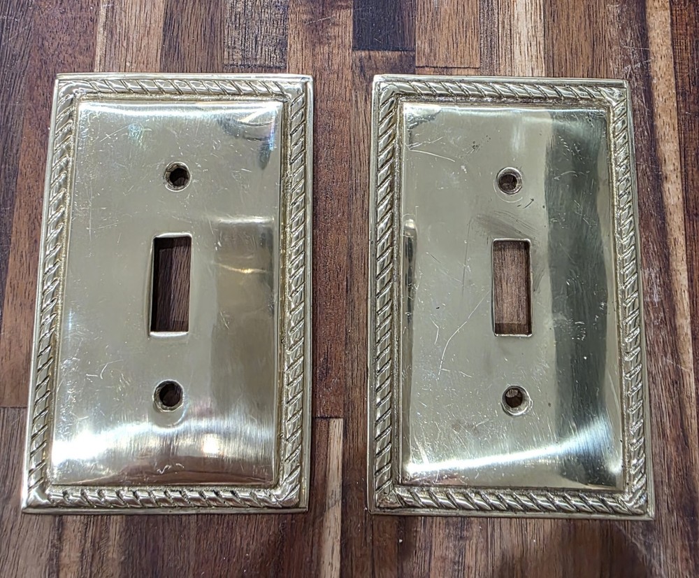 2 Vintage Solid Brass Gold Tone Single Light Switch Plate Cover Rope Pattern