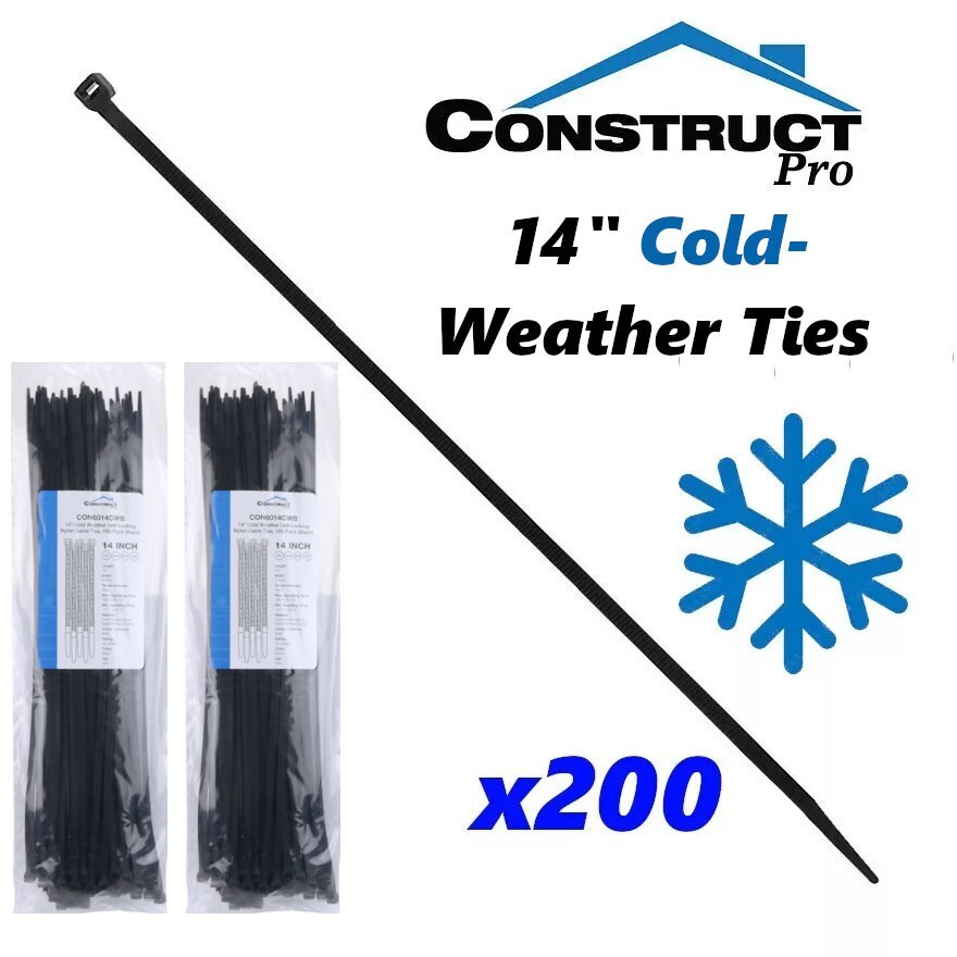 200 Pack Construct Pro 14” Cold Weather Self-Locking Nylon Cable Ties Black Zip