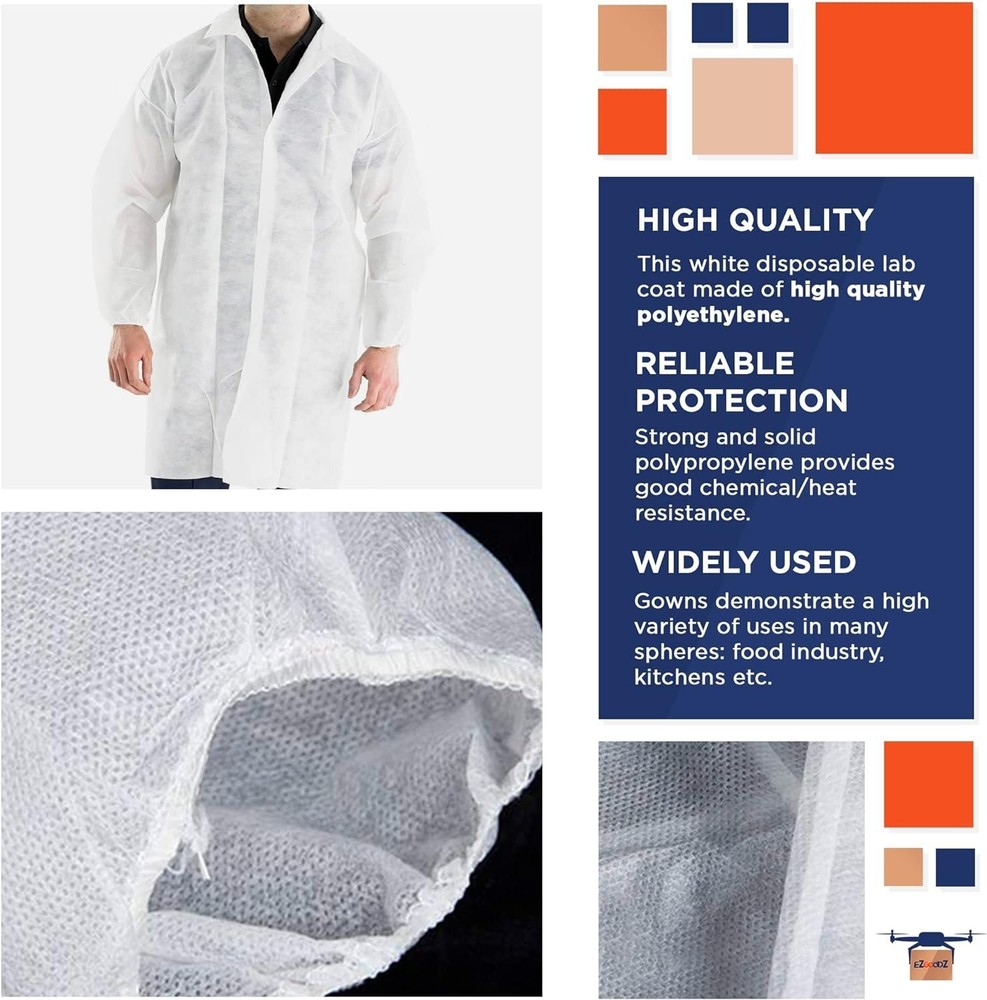 Disposable Lab Coats 30ct White Polypropylene Coats Medium 42" Long
