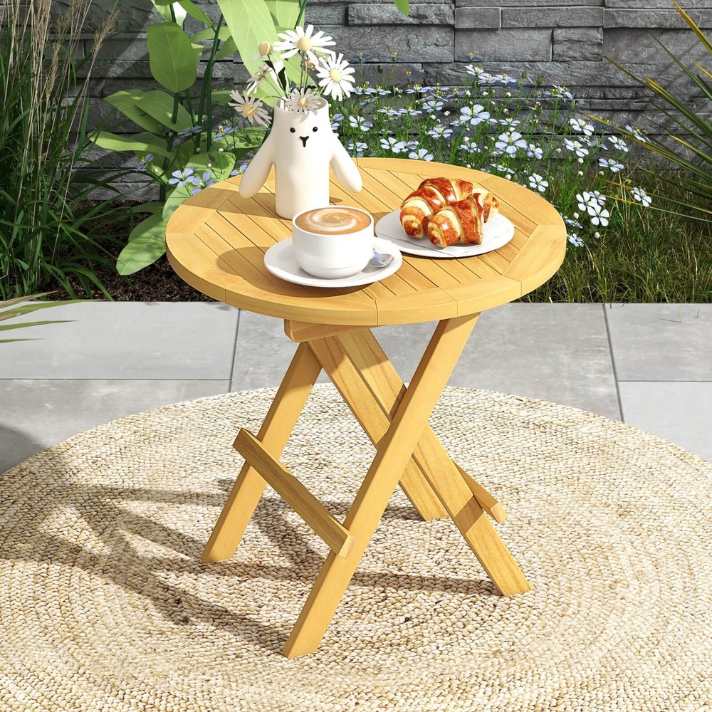 Patio Folding Side Table w/ X-shaped Legs & Slatted Tabletop for Backyard