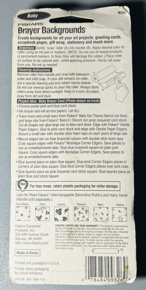 Fiskars Brayer Backgrounds Pattern Decorative Roller Rubber BABY PRINT 6” Wide