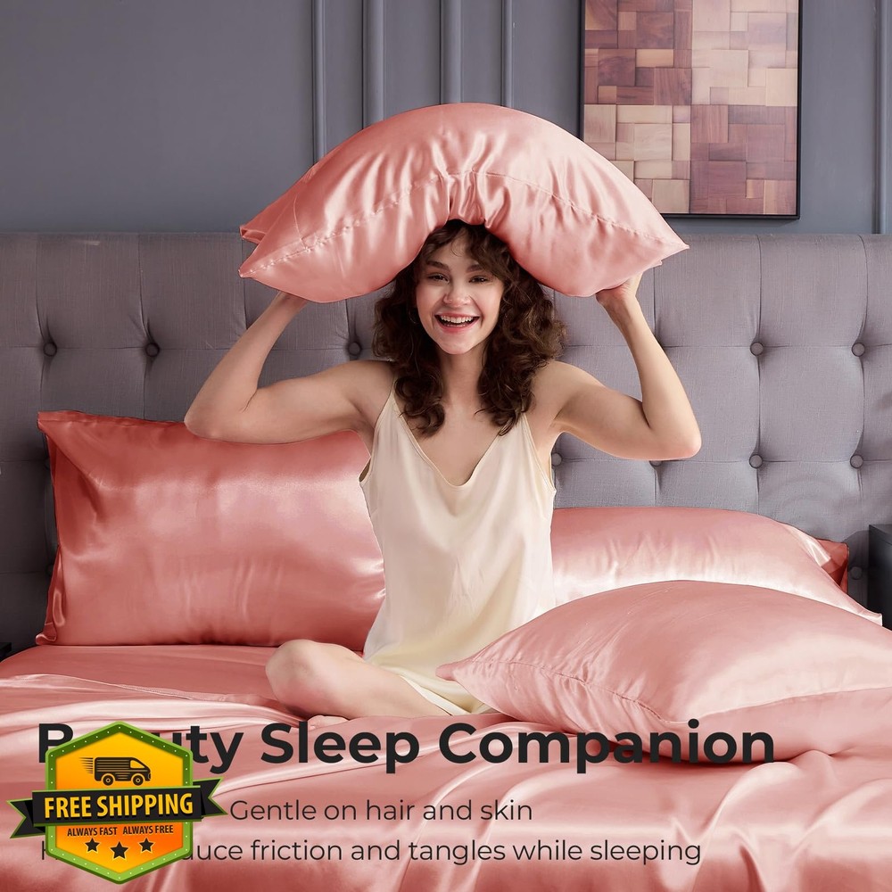 Sasttie King Satin Sheets Rose Pink 4pc Soft Smooth Set