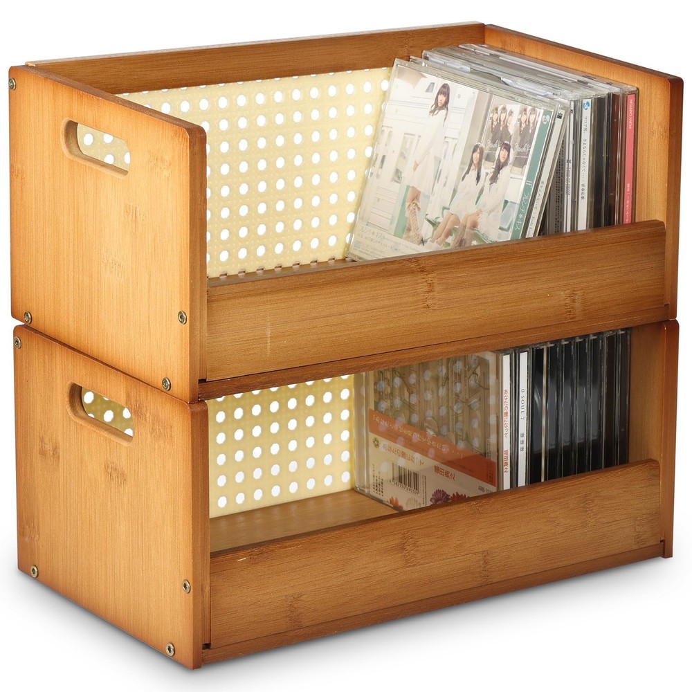 2 Set Bamboo CD Storage Box, Stackable CD Holder Racks Organizer Shelf for Mo...