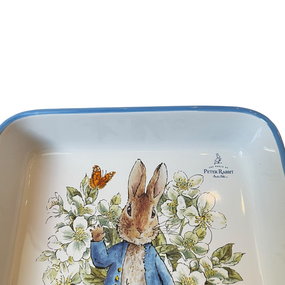 Beatrix Potter Peter Rabbit 9" Square Ceramic Baker Blue Rim Easter Bakeware NEW