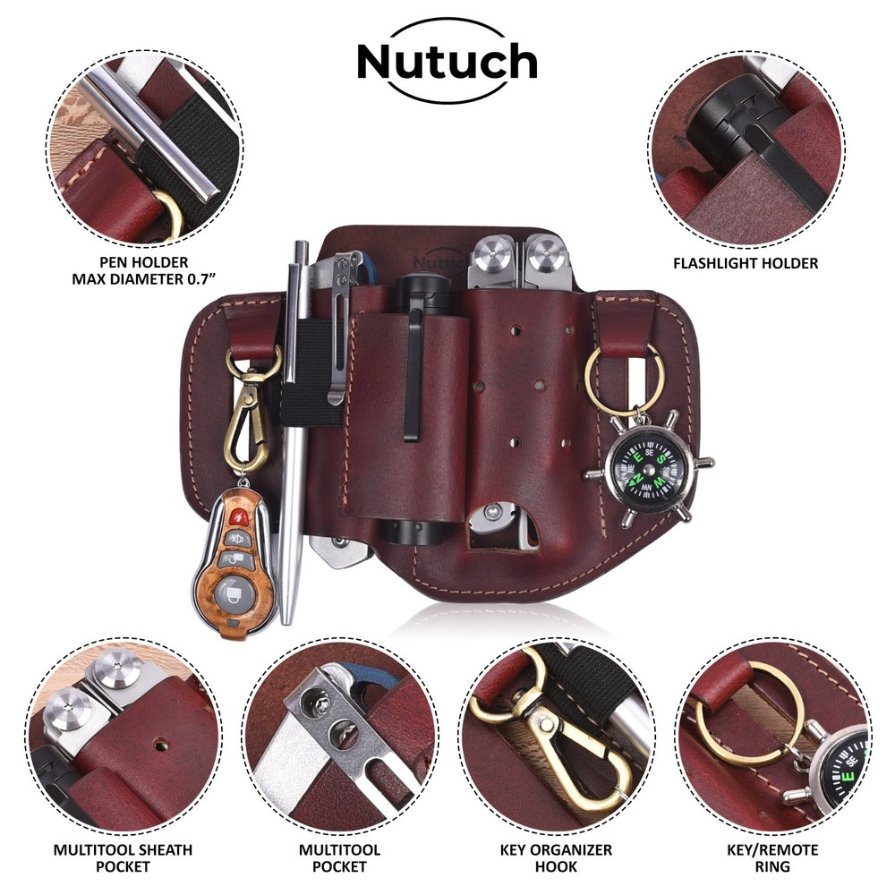 NUTUCH Leather EDC Multitool Sheath | Leather EDC Belt Organizer | Flashlight