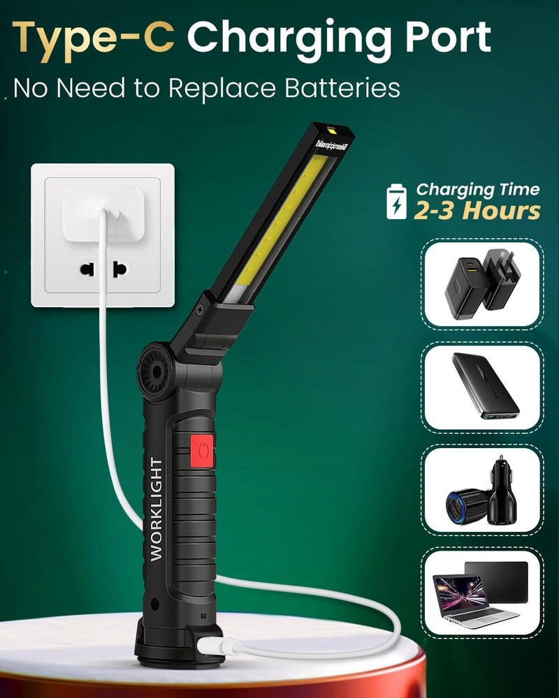 2 Pack Magnetic Base LED COB Work Light Rechargeable Mechanic Torch Flashlight