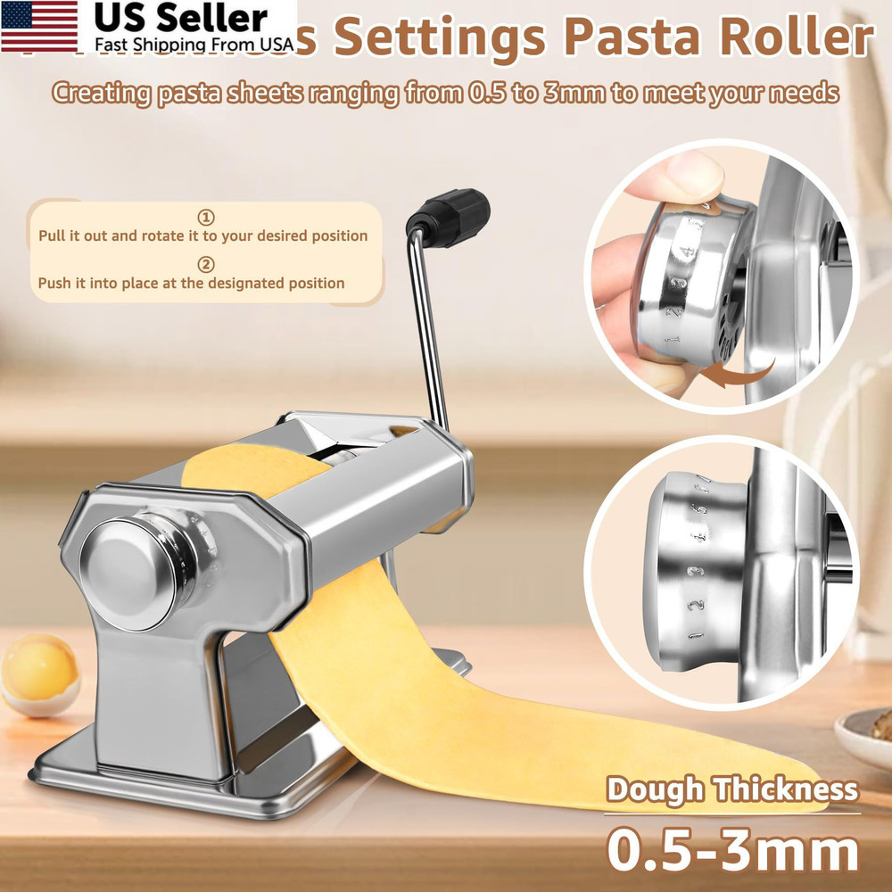 Pasta Maker - 7 Thickness Settings Roller & 2-in-1 Cutter, Silver