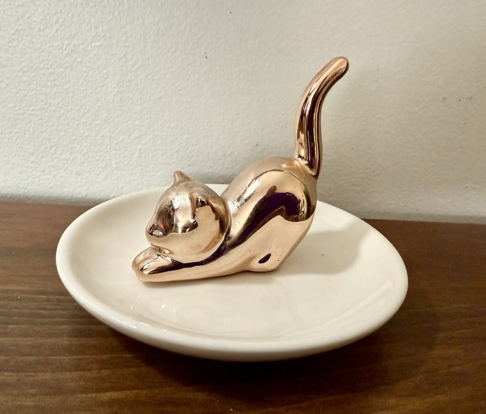 Gold Cat Ceramic Ring Holder Plate Adorable