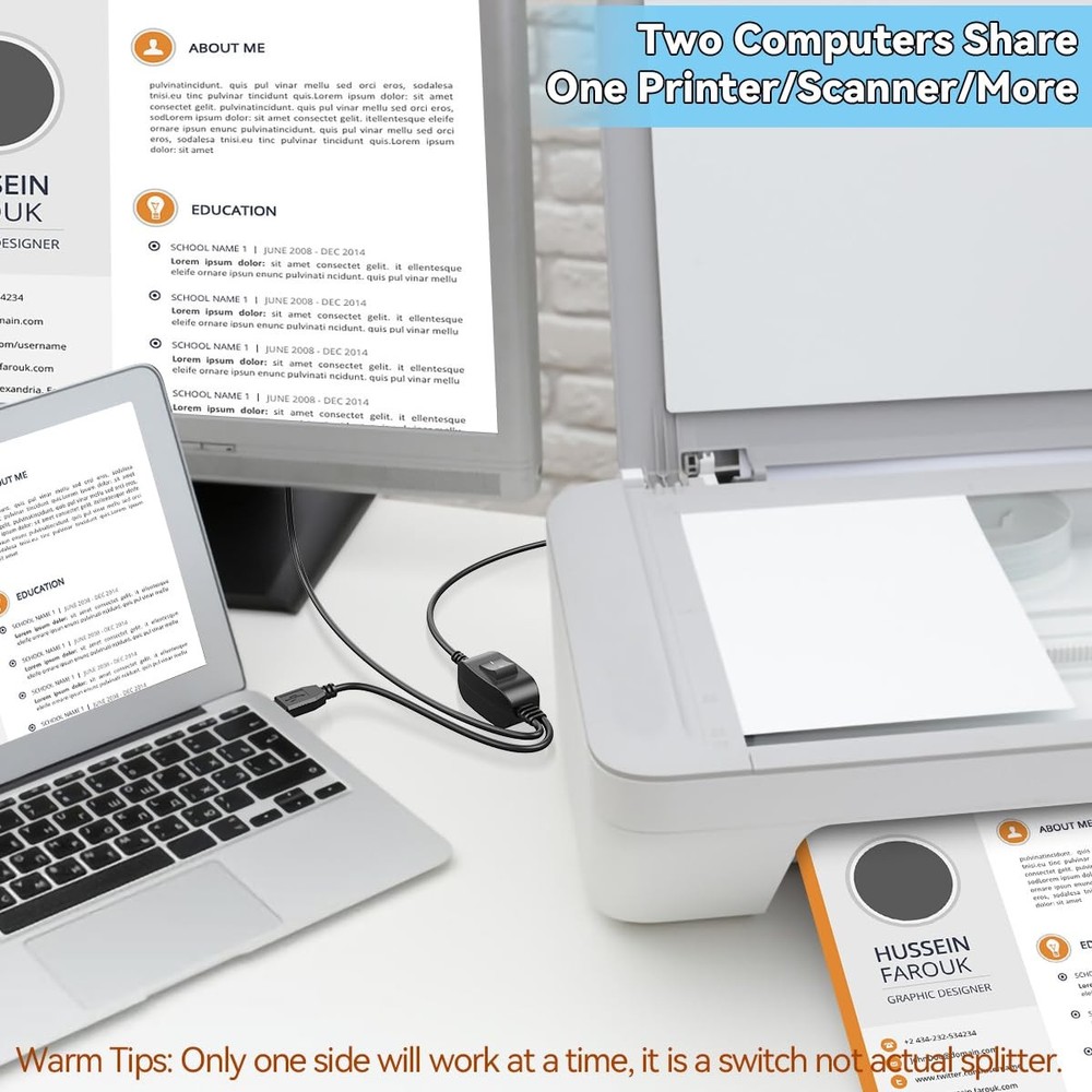 Herfair Printer Splitter for Two Computers USB A 1 in 2 Out 1, Black