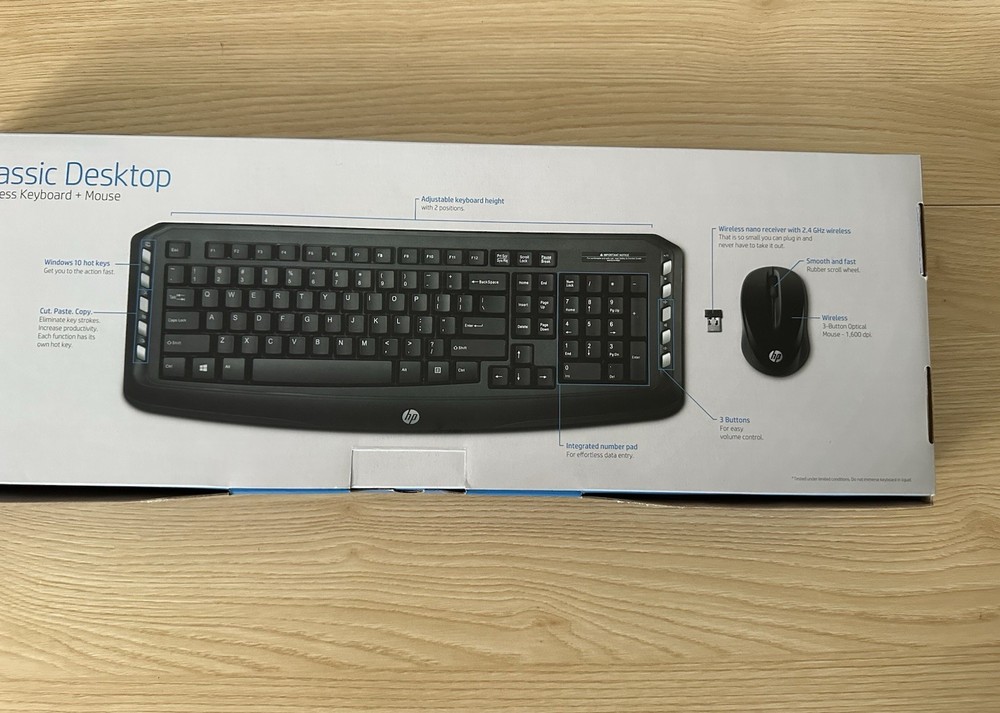 HP Classic Desktop Wireless Keyboard and Mouse Combo USB Receiver New Open Box