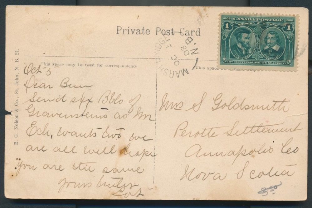 Marsh Bridge, NB- 1908 Split Ring Cancel on Postcard