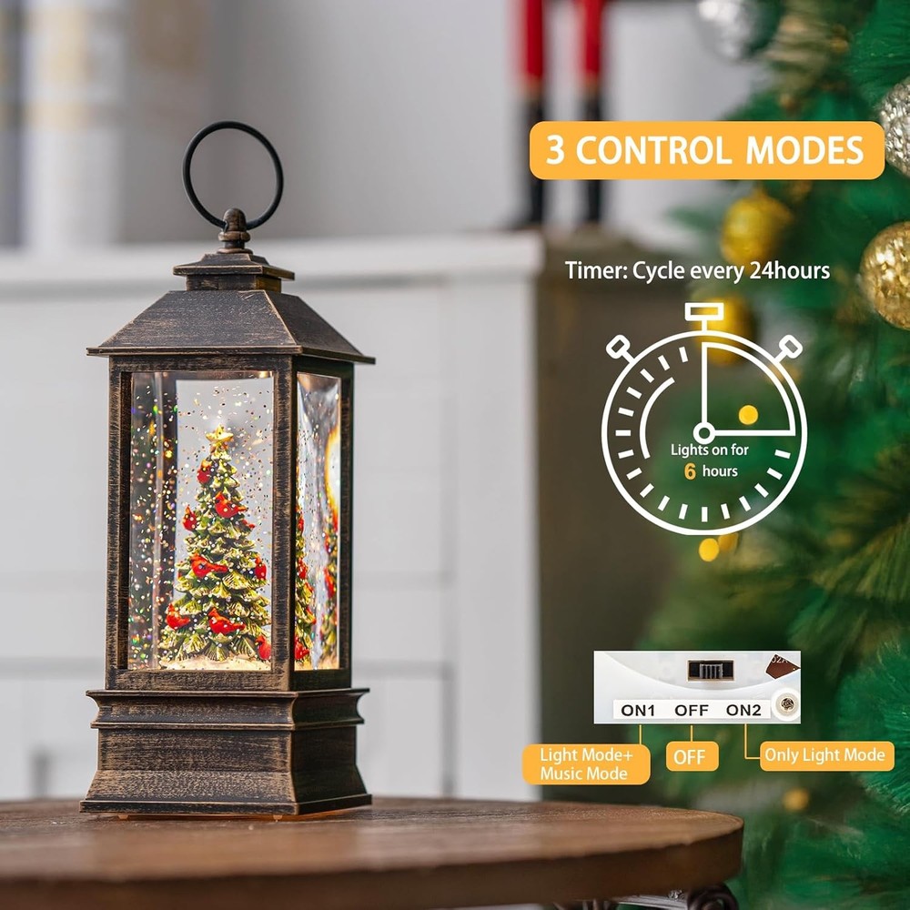 Lighted Christmas Tree Snow Globe Lantern with Music and USB Power