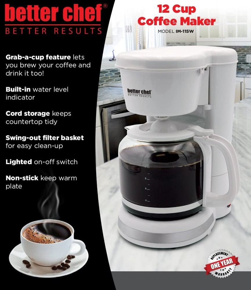 Better Chef Basic Coffee Maker | 12-Cup | Pause-N-Serve | Brushed 10, White