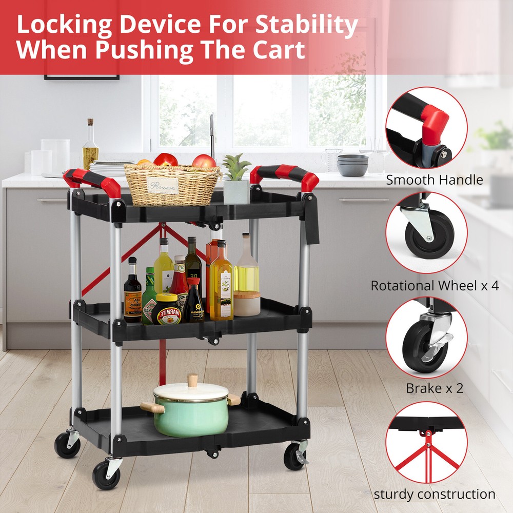 Heavy Duty Utility Cart Multi-Function 3-tier Service Cart with Wheels Foldable