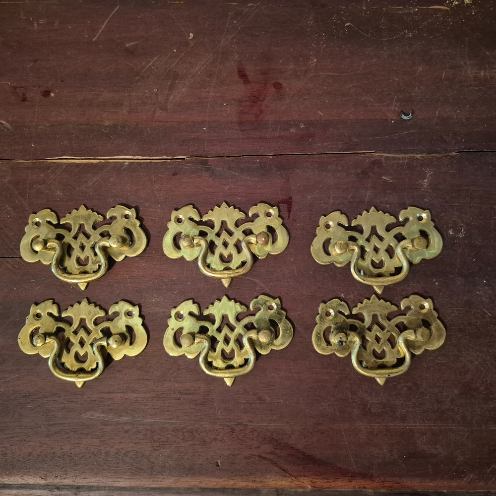 6 Brass Chippendale Drawer Pulls Reproduction Handles Pierced Bat Wing 1