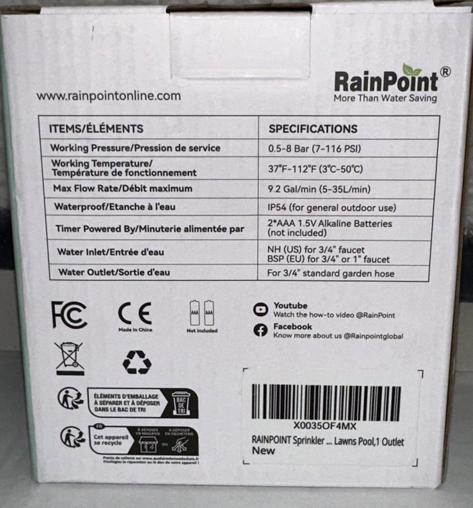 RainPoint Programmable 1-Zone Water Timer - Model Number ITV105
