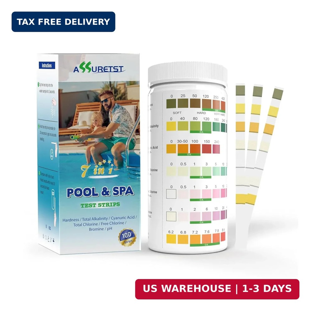 7-Way Pool Test Strips, 100 Strips Water Chemical Testing for Hot tub and Spa, A