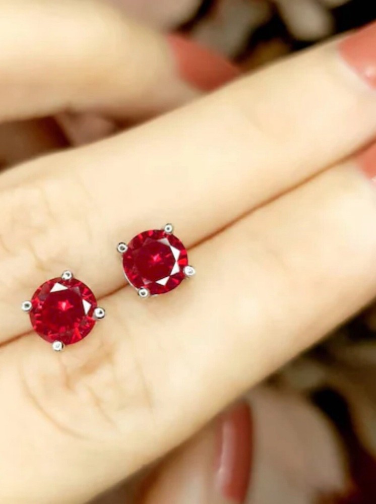 4 CT LAB CREATED RED RUBY STUD EARRINGS 14K WHITE GOLD ROUND CUT 7MM PUSH BACK