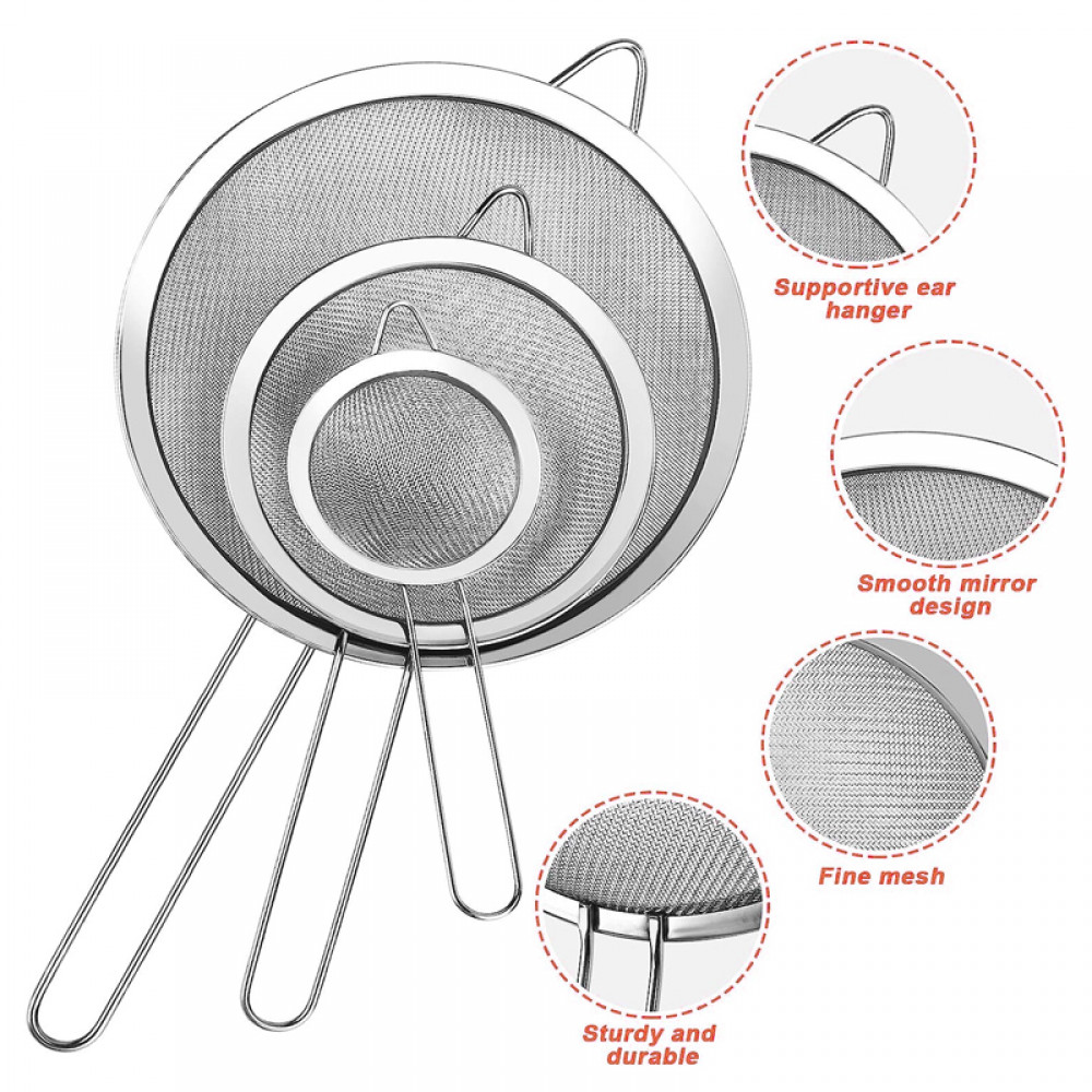 Stainlesss Metal Fine Mesh Strainers Sieve with Handle Kitchen Ware Various Size