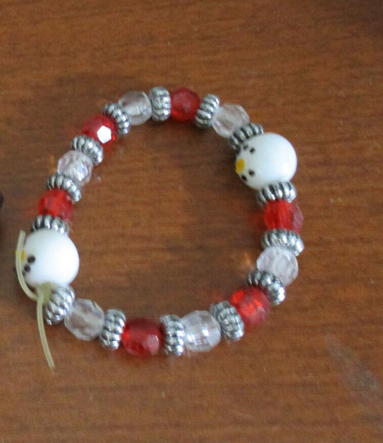 Clear, Red, & Silver BEAD BRACELET with 2 SNOWMAN BEADS