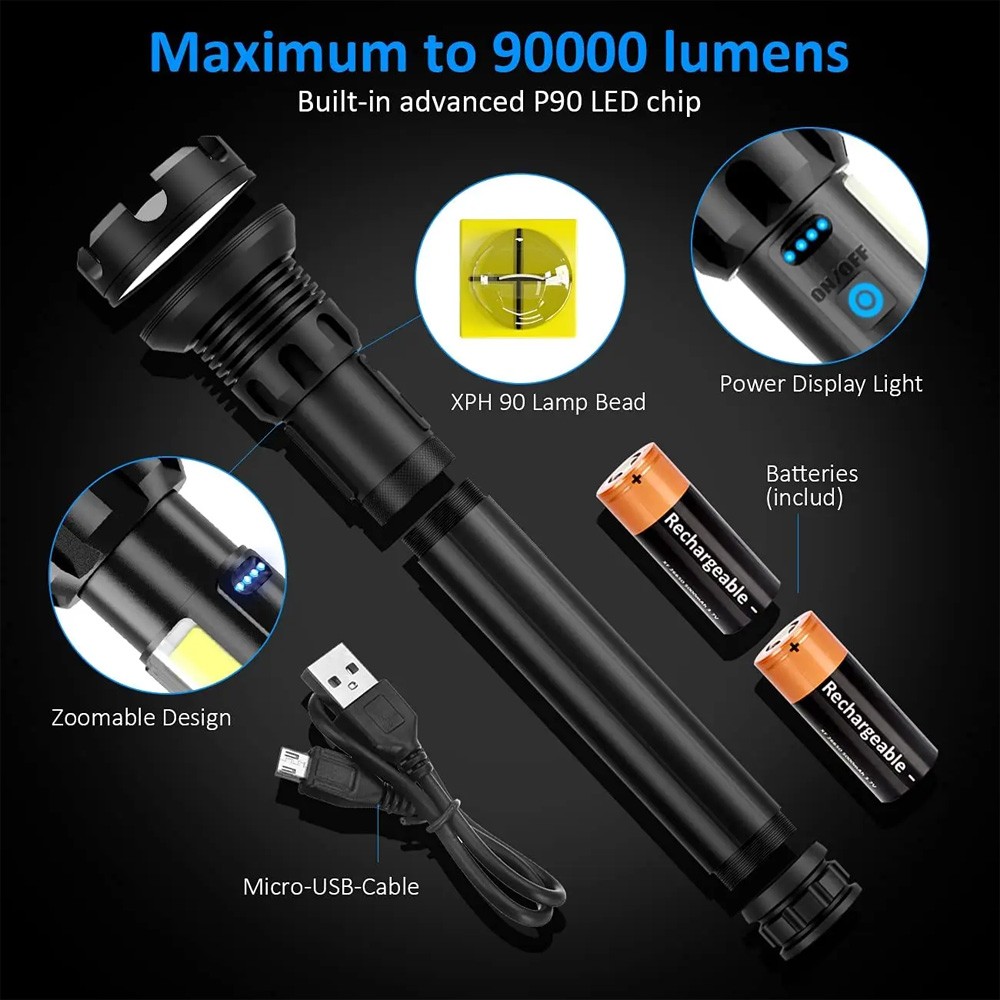 350000000 Lumen Super Bright LED Tactical Flashlight Rechargeable LED Work Light